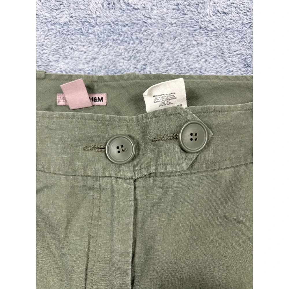H&M Womens 10 Green Linen Wide Leg Pants Mid Rise Utility Pockets Casual Summer